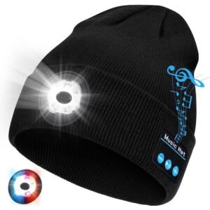 Bluetooth Beanie with Light, 2024 New Musical Knitted Hat with Headphone, Built-in Stereo Speakers Mic, 5 LED Super Bright, USB-C Charging, Cool Gadgets for Men Dad Camping...